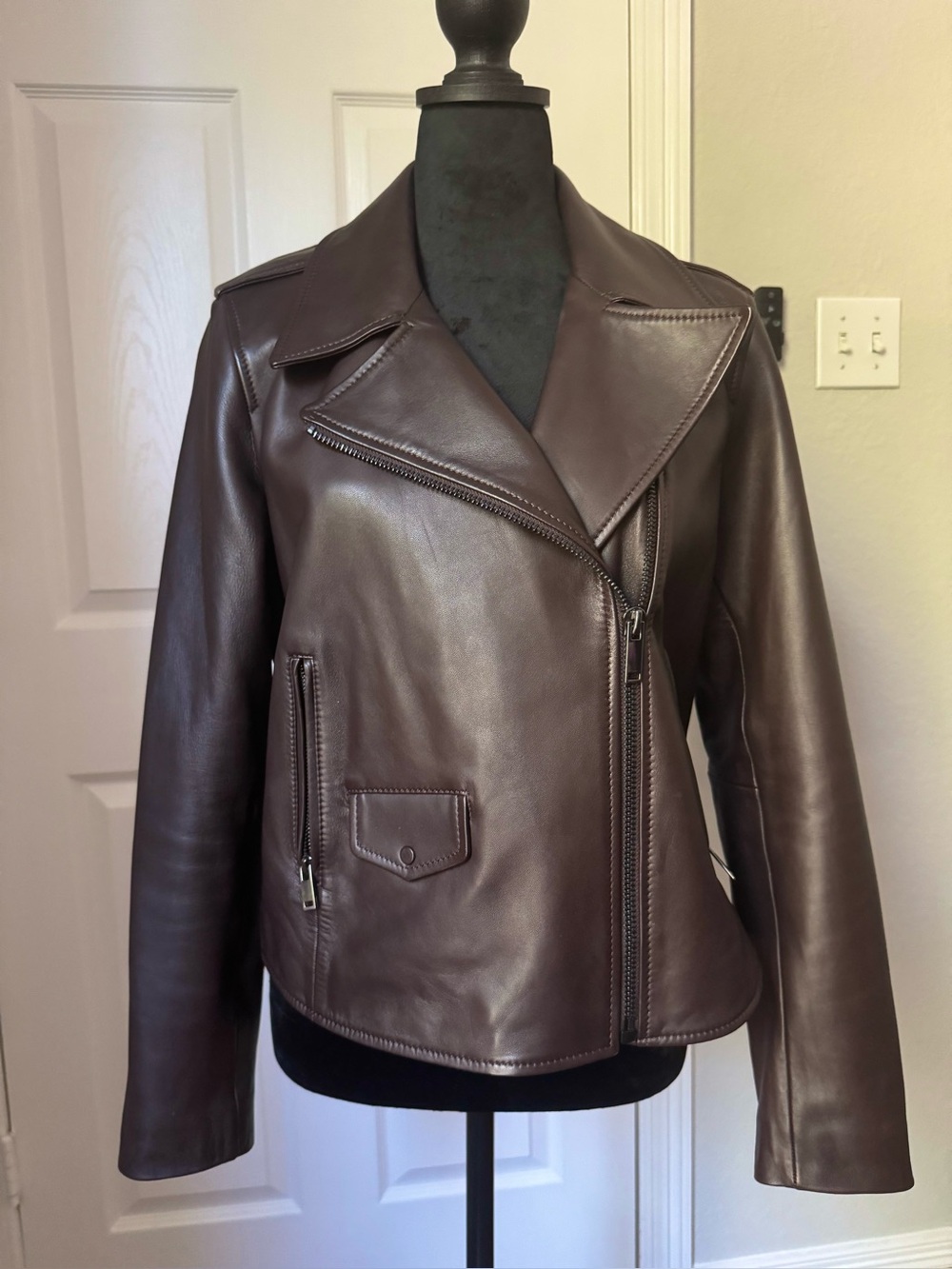 NWOT Massimo Dutti Nappa Leather Chocolate Burgundy Moto Biker Jacket size M-L